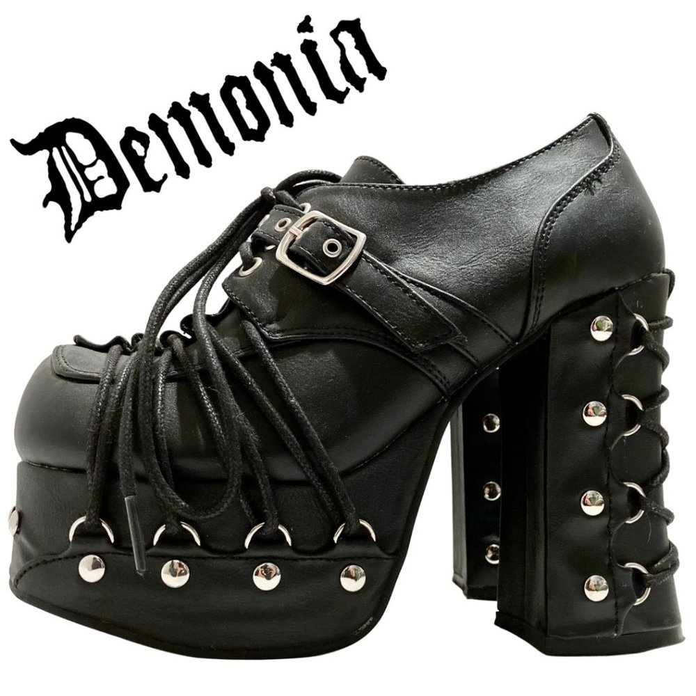 DEMONIA Charade 35 Goth Lolita Punk Bondage Platform Oxford Block Heels Black 5